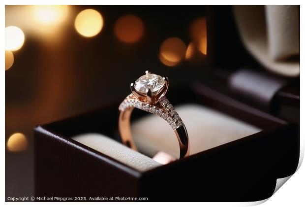 A beautiful wedding ring in the box with sparkling light created Print by Michael Piepgras
