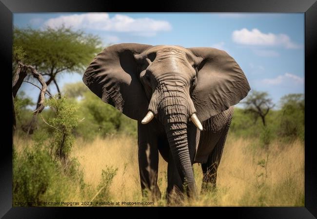 A big elephant bull in the savannah created with generative AI t Framed Print by Michael Piepgras