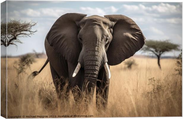 A big elephant bull in the savannah created with generative AI t Canvas Print by Michael Piepgras