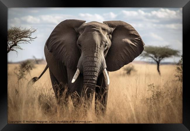 A big elephant bull in the savannah created with generative AI t Framed Print by Michael Piepgras