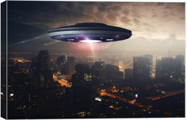 A big UFO above a modern city in the sky created with generative Canvas Print by Michael Piepgras