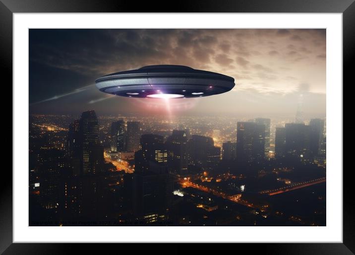 A big UFO above a modern city in the sky created with generative Framed Mounted Print by Michael Piepgras