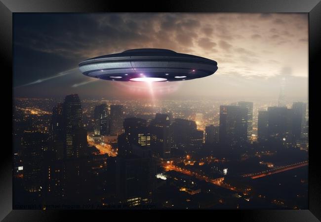 A big UFO above a modern city in the sky created with generative Framed Print by Michael Piepgras