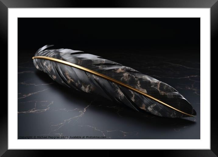 A black feather with golden elements created with generative AI  Framed Mounted Print by Michael Piepgras