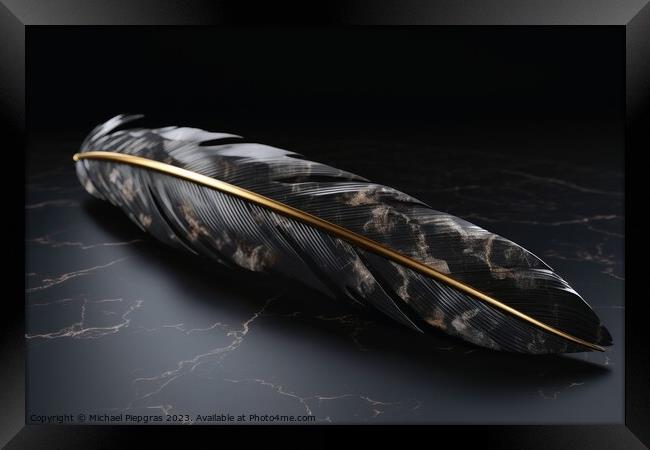A black feather with golden elements created with generative AI  Framed Print by Michael Piepgras