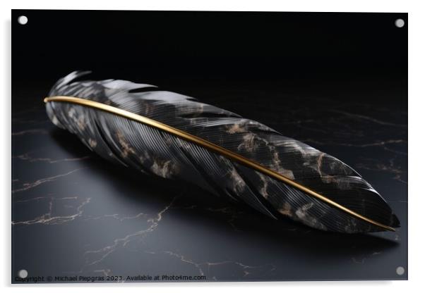 A black feather with golden elements created with generative AI  Acrylic by Michael Piepgras