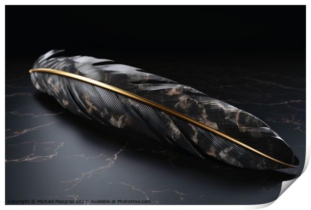 A black feather with golden elements created with generative AI  Print by Michael Piepgras