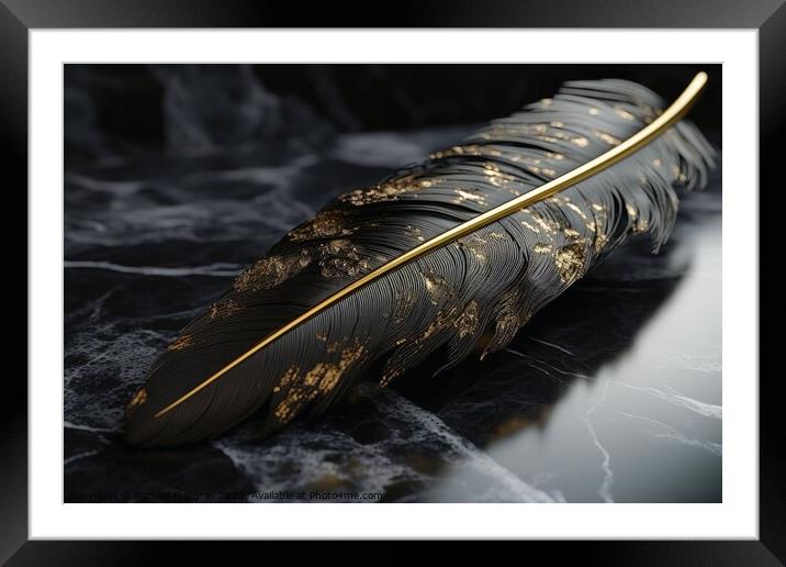 A black feather with golden elements created with generative AI  Framed Mounted Print by Michael Piepgras