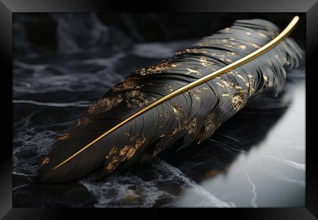 A black feather with golden elements created with generative AI  Framed Print by Michael Piepgras
