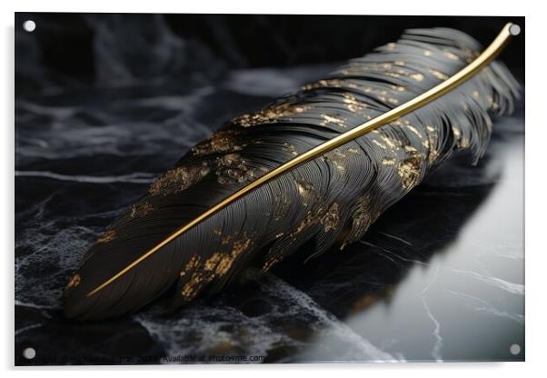A black feather with golden elements created with generative AI  Acrylic by Michael Piepgras