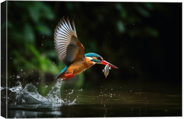 A colorful kingfisher in flight catching a fish from a lake crea Canvas Print by Michael Piepgras