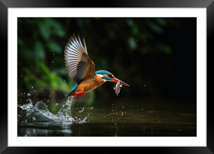A colorful kingfisher in flight catching a fish from a lake crea Framed Mounted Print by Michael Piepgras