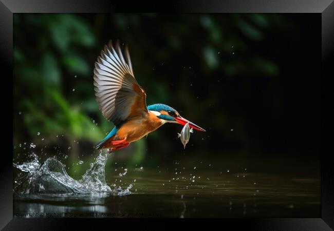 A colorful kingfisher in flight catching a fish from a lake crea Framed Print by Michael Piepgras