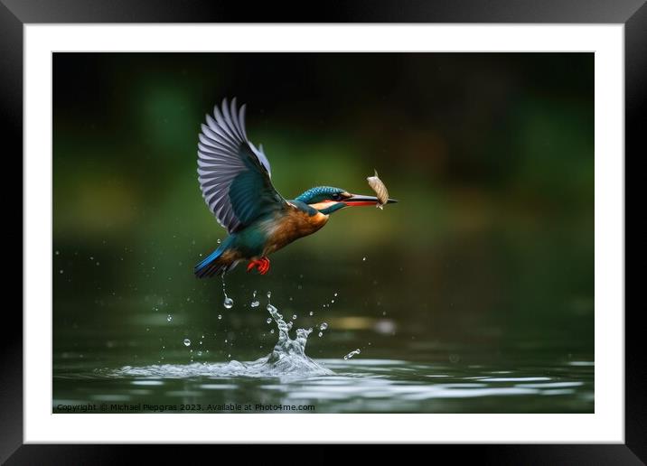A colorful kingfisher in flight catching a fish from a lake crea Framed Mounted Print by Michael Piepgras