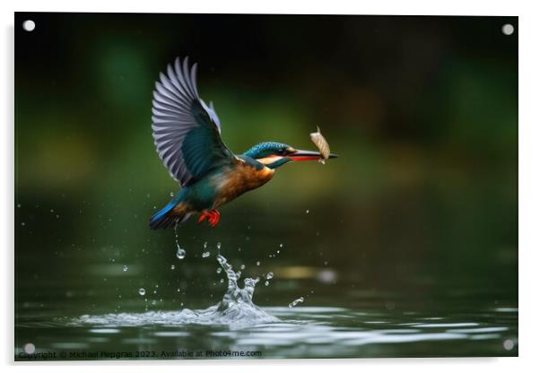 A colorful kingfisher in flight catching a fish from a lake crea Acrylic by Michael Piepgras