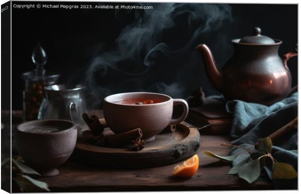 A cosy tea scenario concept with steaming tea in a cup and tea l Canvas Print by Michael Piepgras