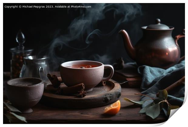 A cosy tea scenario concept with steaming tea in a cup and tea l Print by Michael Piepgras