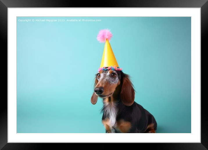 A cute dog with a party hat and party glitter created with gener Framed Mounted Print by Michael Piepgras