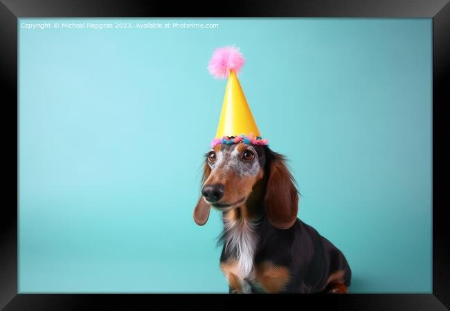 A cute dog with a party hat and party glitter created with gener Framed Print by Michael Piepgras