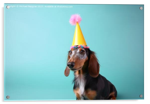 A cute dog with a party hat and party glitter created with gener Acrylic by Michael Piepgras