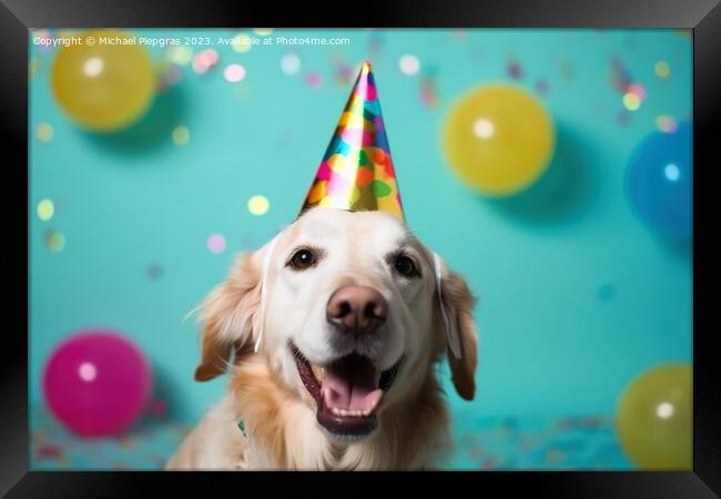 A cute dog with a party hat and party glitter created with gener Framed Print by Michael Piepgras