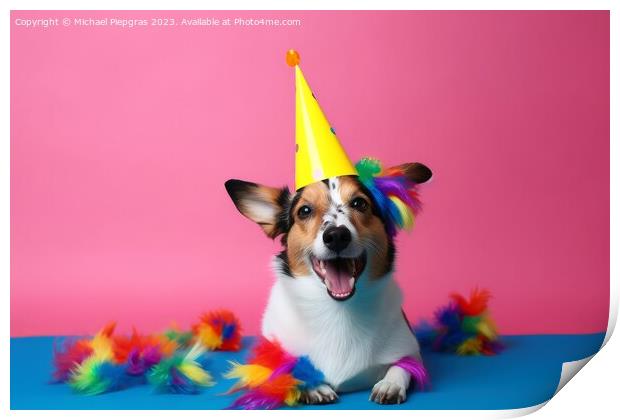 A cute dog with a party hat and party glitter created with gener Print by Michael Piepgras
