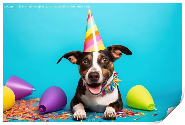 A cute dog with a party hat and party glitter created with gener Print by Michael Piepgras