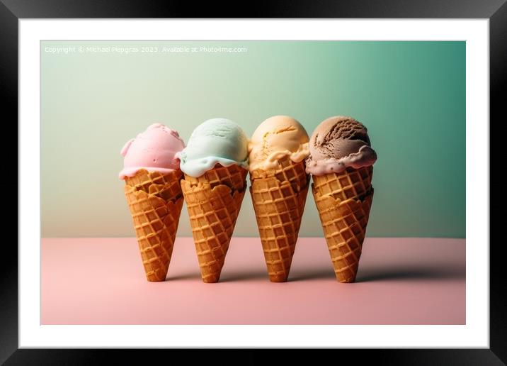 Delicious ice cream cones with several ice cream scoops against  Framed Mounted Print by Michael Piepgras