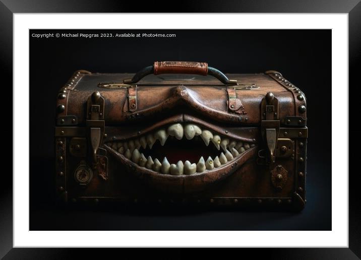 A evil old open suitcase with eyes and sharp teeth created with  Framed Mounted Print by Michael Piepgras