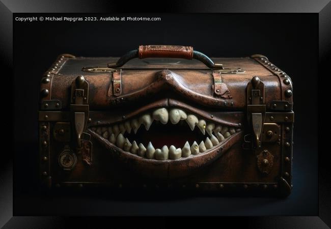 A evil old open suitcase with eyes and sharp teeth created with  Framed Print by Michael Piepgras