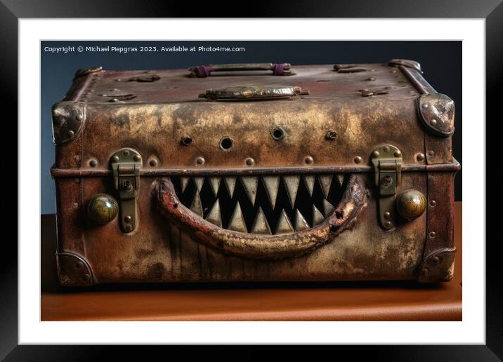 A evil old open suitcase with eyes and sharp teeth created with  Framed Mounted Print by Michael Piepgras