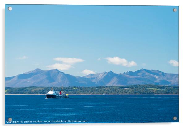 Calmac ferry departing Arran, Scotland Acrylic by Justin Foulkes