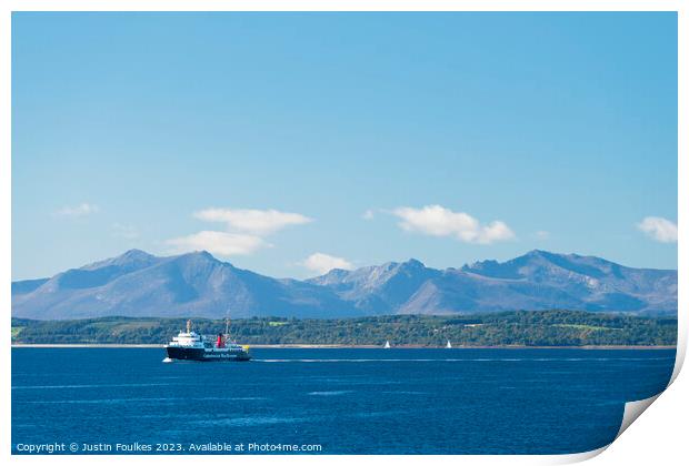 Calmac ferry departing Arran, Scotland Print by Justin Foulkes