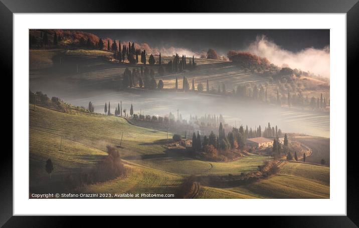 Foggy morning in Val d'Orcia. Tuscany, Italy Framed Mounted Print by Stefano Orazzini