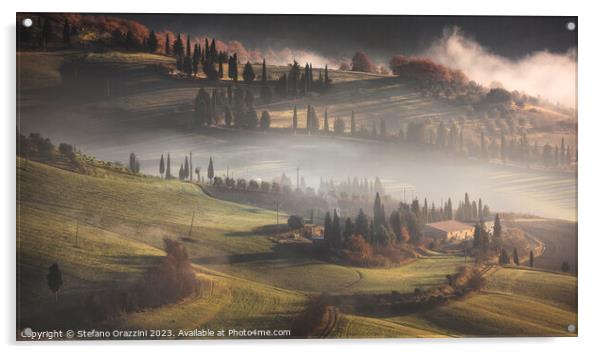 Foggy morning in Val d'Orcia. Tuscany, Italy Acrylic by Stefano Orazzini