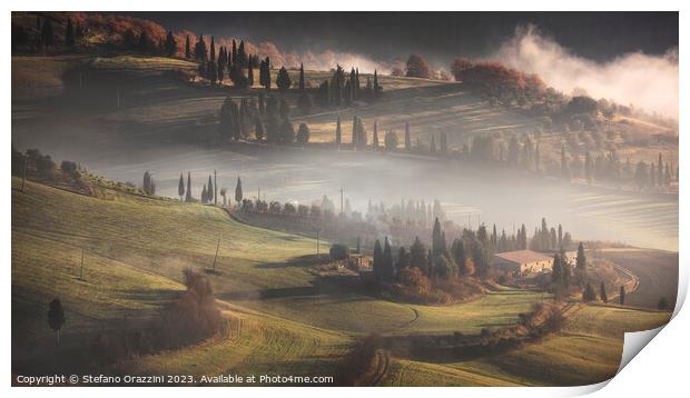 Foggy morning in Val d'Orcia. Tuscany, Italy Print by Stefano Orazzini