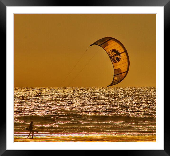 Kite surfing on a Golden Perranporth beach  Framed Mounted Print by Tony lopez