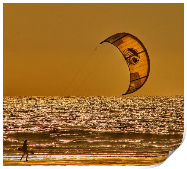 Kite surfing on a Golden Perranporth beach  Print by Tony lopez