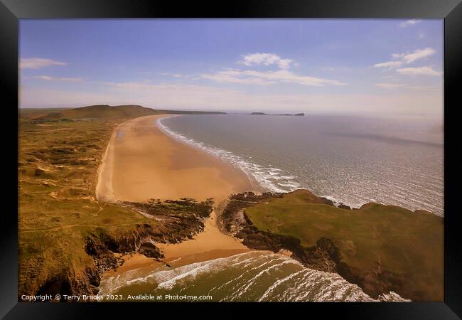 Rhossili Bay, Beach and Sea Aerial Framed Print by Terry Brooks