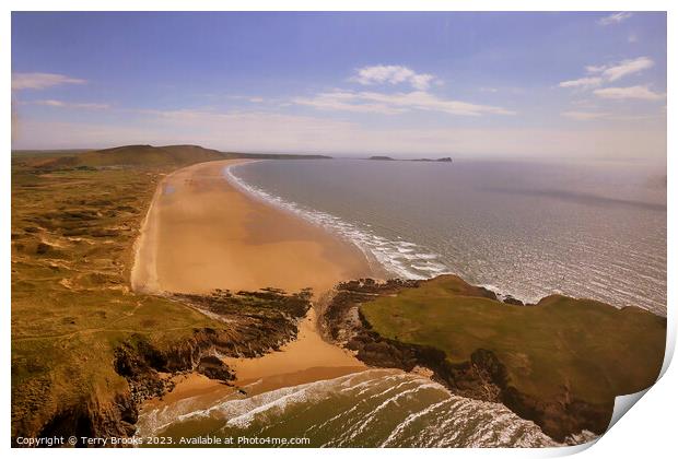 Rhossili Bay, Beach and Sea Aerial Print by Terry Brooks