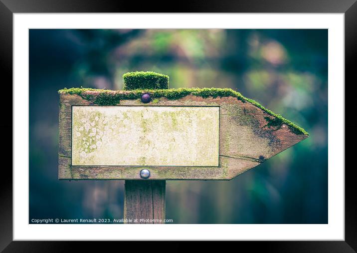 Wooden direction sign in the forest, right Framed Mounted Print by Laurent Renault