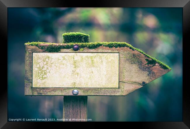 Wooden direction sign in the forest, right Framed Print by Laurent Renault