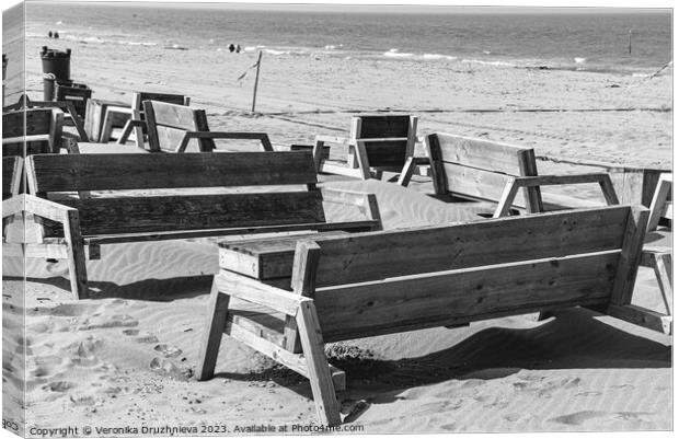 Wodden benches on the beach on Den Haag Canvas Print by Veronika Druzhnieva