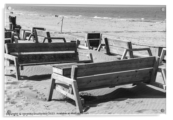 Wodden benches on the beach on Den Haag Acrylic by Veronika Druzhnieva