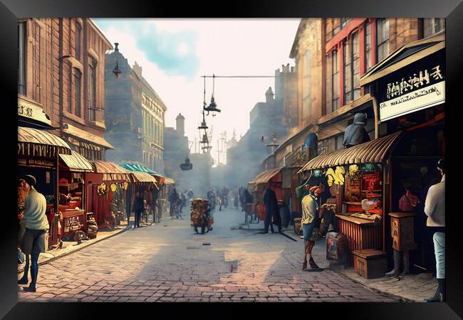 Victorian Steampunk Street Scene 21 Framed Print by Glen Allen