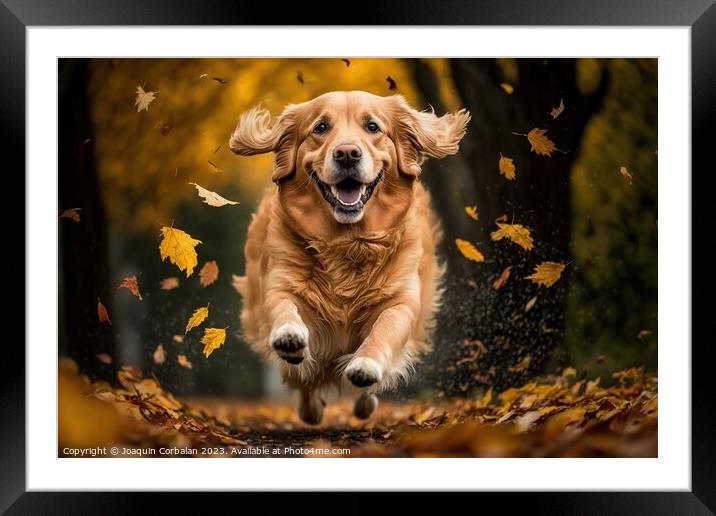 A beautiful golden retriever dog running through t Framed Mounted Print by Joaquin Corbalan