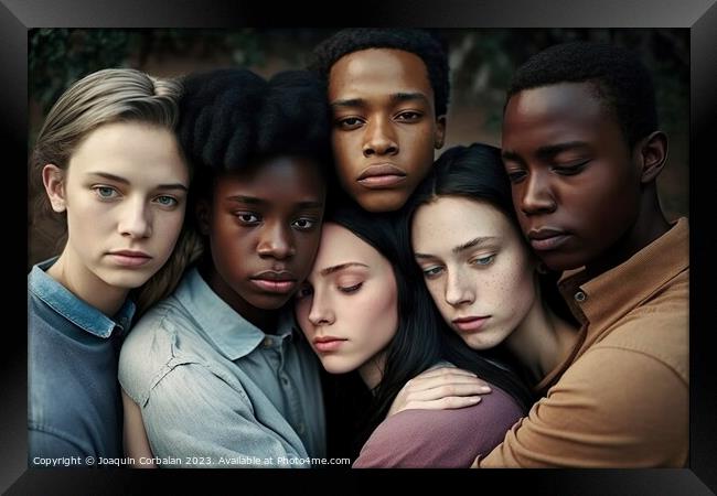 Group portrait of serene embracing multiracial young people. AI  Framed Print by Joaquin Corbalan