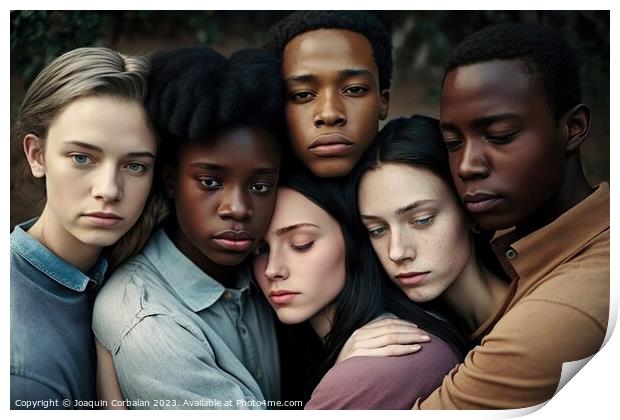 Group portrait of serene embracing multiracial young people. AI  Print by Joaquin Corbalan