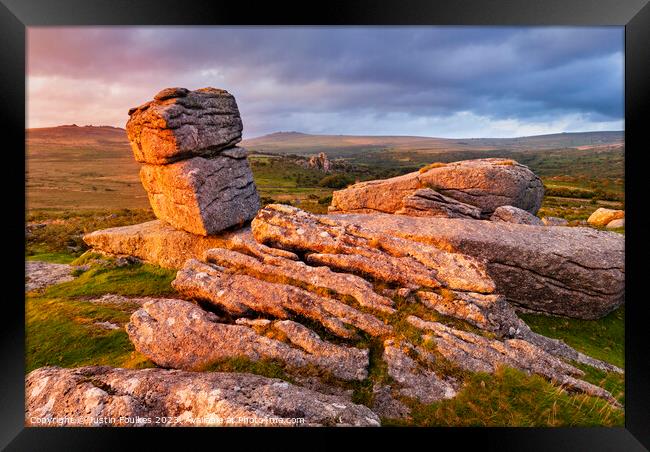 Heckwood Tor, with Vixen Tor beyond, Dartmoor Framed Print by Justin Foulkes