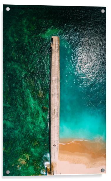 Top down aerial view of amazing colours at a beach and pier Acrylic by Alexandre Rotenberg